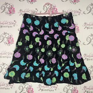Nanette Leopore skirt embroidered floral purple blue green black flowy cute